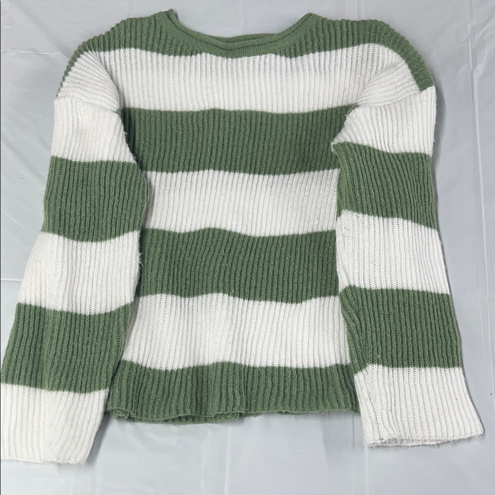 Green and White Striped Sweater - Small